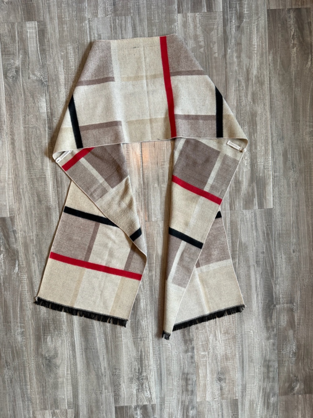 Classic Beige Plaid Wrap with Red & Black Stripes